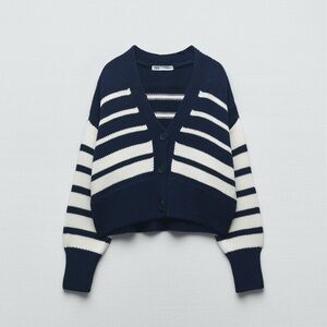 Zara Navy and White Striped Women's Cardigan